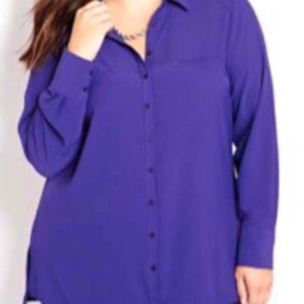 BLOUSE, LONG SLEEVES, DARK PURPLE, SIZE 24, POLYESTER/SPANDEX, BUTTON PLACKET,